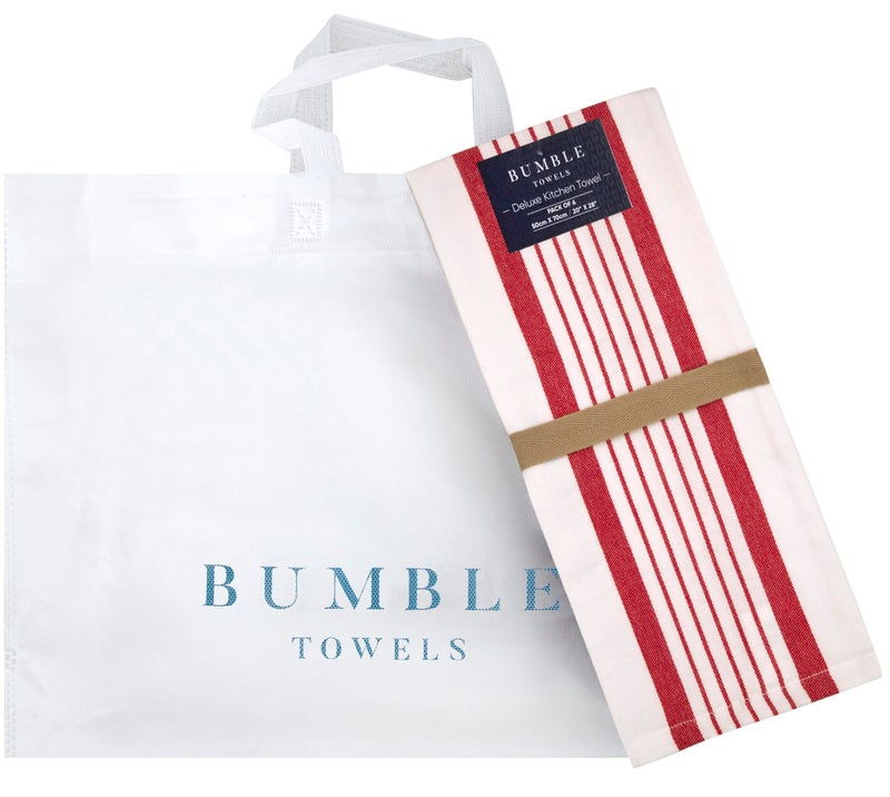 Bumble Towels Premium Kitchen Towels (20â€x 28â€, 6 Pack) | Large Cotton Dish Towels | Flat & Terry Highly Absorbent Kitchen Linen Set with Hanging Loop | Red Striped - Image 5